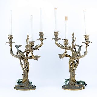 Pair of Georges Van de Voorde, Dutch (1878-1970) Antique Gilt Bronze Three-Arm Candelabras Lamps. S