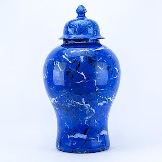 Large Modern Faux Lapis Blue Glaze Porcelain Covered Urn. Unsigned. Good condition. Measures 27-1/2