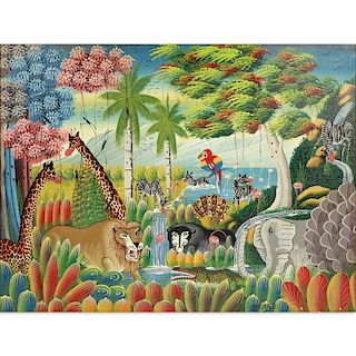 Contemporary Haitian Acrylic On Canvas "Jungle Scene" Signed lower right Jacky ____. Good condition