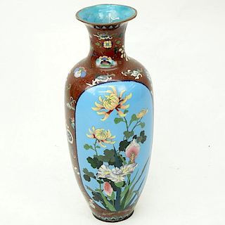 Large Antique Japanese Cloisonné Vase. Exotic wild flowers window on front and obverse side, floral