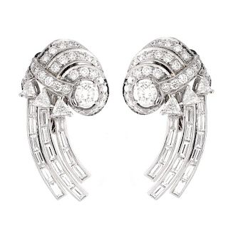 Approx. 5.50 Carat Round Brilliant, Trillion and Baguette Cut Diamond and Platinum Earrings. Stampe