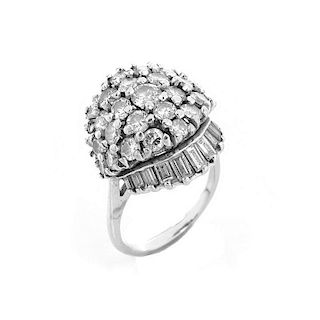 Vintage Approx. 3.0 Carat Round Brilliant and Baguette Cut Diamond and 14 Karat White Gold Dome Rin