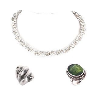 Italian Sterling Silver Bead Multi-strand Necklace, a Sterling Silver and Carved Green Stone Cameo