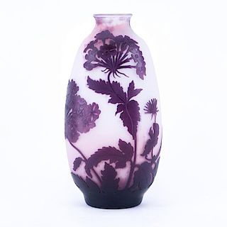 Large Cameo Glass Purple Flower Vase. Polished pontil bottom. Signed Galle. Measures 13" H. Shippin