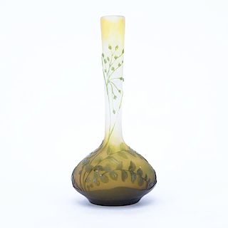 Galle Cameo Glass Vase  Green Fern Vase. Polished pontil bottom. Signed Galle. Minor flea bite on r
