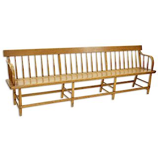 Long American Windsor Elm Wood Bench / Church Pew. Spindle back and arms. Scuffs and scratches to s