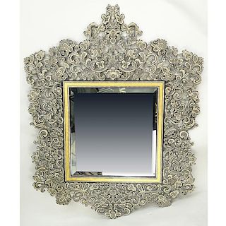 Large Vintage Beveled Mirror with Hand Painted Metal Frame. Good condition. Measures 57-1/4 x 45-1/