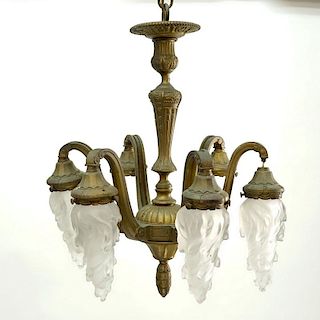 19th Century Gilt Bronze Six-Arm Chandelier with Frosted Glass Shades. Rubbing to gilt, one bobeche