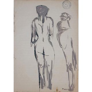 Italian School Ink and Watercolor On Lined Paper "Female Nude With Horse". Signed lower right Marin
