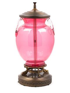 Steuben, 20TH CENTURY, a glass urn form vase, mounted as lamp