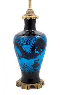 Steuben, 20TH CENTURY, a double etched dragon lamp, form no. 6094, in mirror black and celeste blue