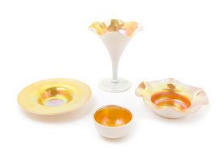Steuben, FIRST HALF 20TH CENTURY, a group of four gold Calcite glass articles, comprising a vase, nut bowl, and two dishes