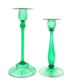 Steuben, 20TH CENTURY, two pomona green glass candlestick holders