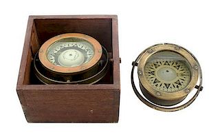 * Two English Brass Cased Ship's Compasses Diameter of larger 5 1/2 inches.