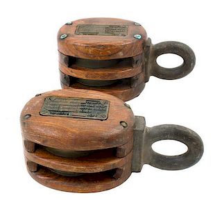 * Two Metal and Wood Pulley Blocks Height of larger 10 inches.