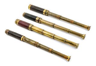* A Group of Four Leather Body Three-Draw Hand Telescopes Length of longest 6 5/8 inches (closed).