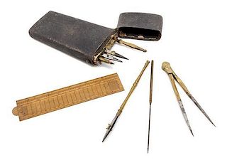 * An English Ray-Skin Cased Nine-Piece Drawing Instrument Set Height of case 7 inches.