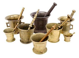 * A Collection of Brass and Mixed Metal Mortar and Pestles Height of tallest mortar 6 inches.