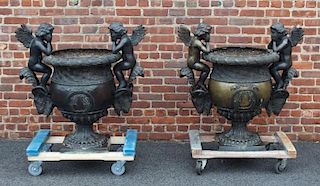 Large Pair of Vintage Bronze Urns with Angel
