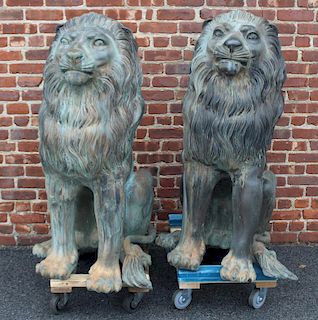 Pair of Vintage Life Size Bronze Seated Lions.