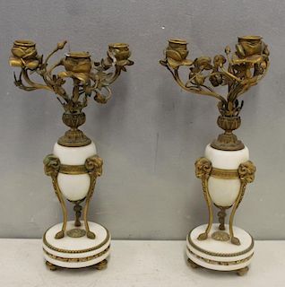 Pr of Antique Urn Form Marble and Bronze Candlebra