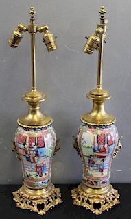Pair of Bronze Mounted Export Porcelain Lamps.
