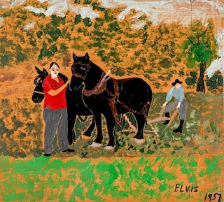 Early Howard Finster Painting (1916-2001) "Elvis" and Col. Parker