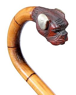 36. Bulldog Dress Cane-  Ca. 1920- A carved bulldog with silver ears and two color glass eyes, hardwood shaft and a horn fe