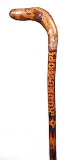 43. Civil War Cane- Late 19thCentury- A signed “Roundtop” with original pyro work throughout, natural grown one piece sh