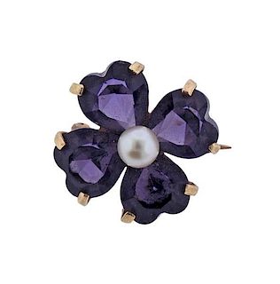 14K Gold Pearl Purple Stone Flower Brooch