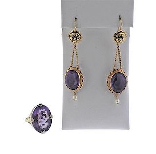 14K Gold Purple Stone Pearl Earrings Ring Set