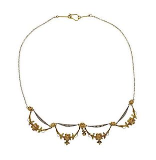 Antique 18K Gold Flower Motif Necklace