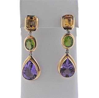 14K Gold Diamond Multi Color Stone Dangle Earrings