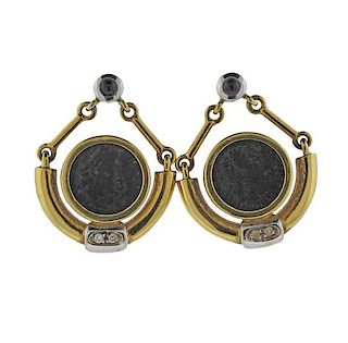 18K Gold Diamond Blue Stone Coin Earrings