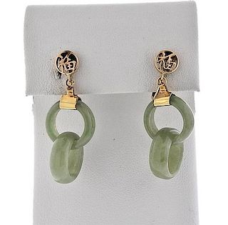 14k Gold Jade Drop Circle Earrings