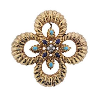 Large 14K Gold Diamond Gemstone Brooch Pendant