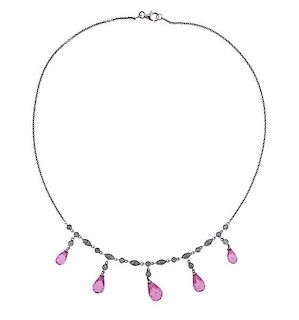 14K Gold Diamond Pink Gemstones Dangle Necklace