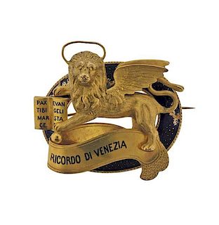 Antique 18K Gold Enamel Ricordo Di Venezia Lion Pin