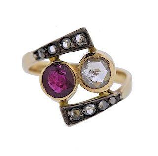 Antique 18K Gold Diamond Ruby Bypass Ring