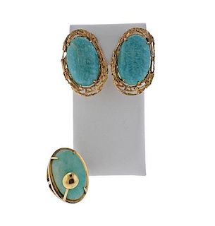 14K Gold Blue Stone Earrings Ring Lot