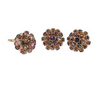 18K Gold Multi  Gemstone Sputnik Earrings Ring Set