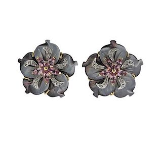 14K Gold Diamond MOP Pink Stone Flower Earrings