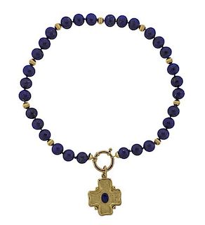 18K Gold Lapis Cross Charm Necklace