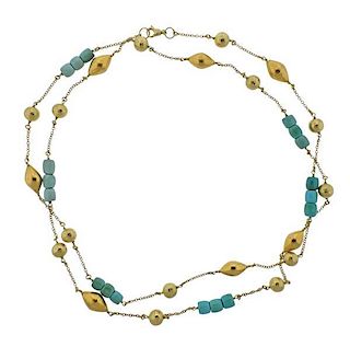 18K Gold Turquoise Station Long Necklace