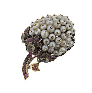Antique 18K Gold Pearl Colored Stone Brooch