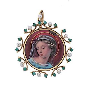 Antique 18K Gold Pearl Turquoise Miniature Painting Pendant
