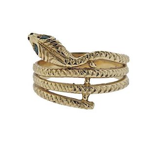 14K Gold Green Stone Snake Ring