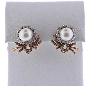 14k Gold Diamond Pearl Earrings