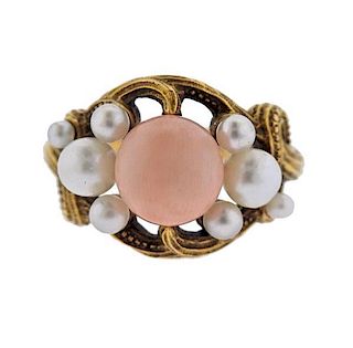 Art Nouveau 14K Gold Coral Pearl Ring