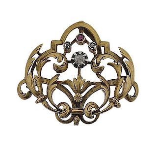 Art Nouveau 18K Gold Diamond Red Stone Brooch Pendant